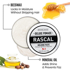 Rascal Deluxe Pomade packaging box showcasing compact travel-friendly design.
