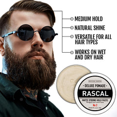 Rascal Original Deluxe Pomade strong-hold helps maintain bold styles all day