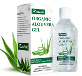 Raslok Aloe Vera Gel bottle close-up showing purity and natural ingredients for hydrating skin.