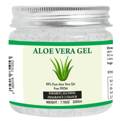 Raslok Aloe Vera Gel bottle close-up highlights pure aloe formula for skincare.