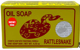 Rattlesnake oil soap packaging and bar showcase minerals and herbs for skin care.