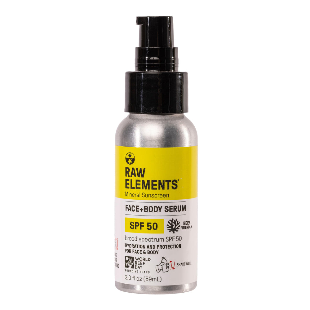 Raw Elements Face + Body Serum SPF 50 front bottle for daily protection