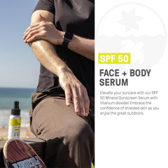 Raw Elements Face + Body Serum SPF 50 texture swatch shows smooth, non-greasy coverage