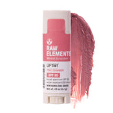 Raw Elements Pink Lip Shimmer bottle highlights natural SPF protection for daily lips.