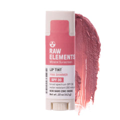 Raw Elements Pink Lip Shimmer bottle highlights natural SPF protection for daily lips.