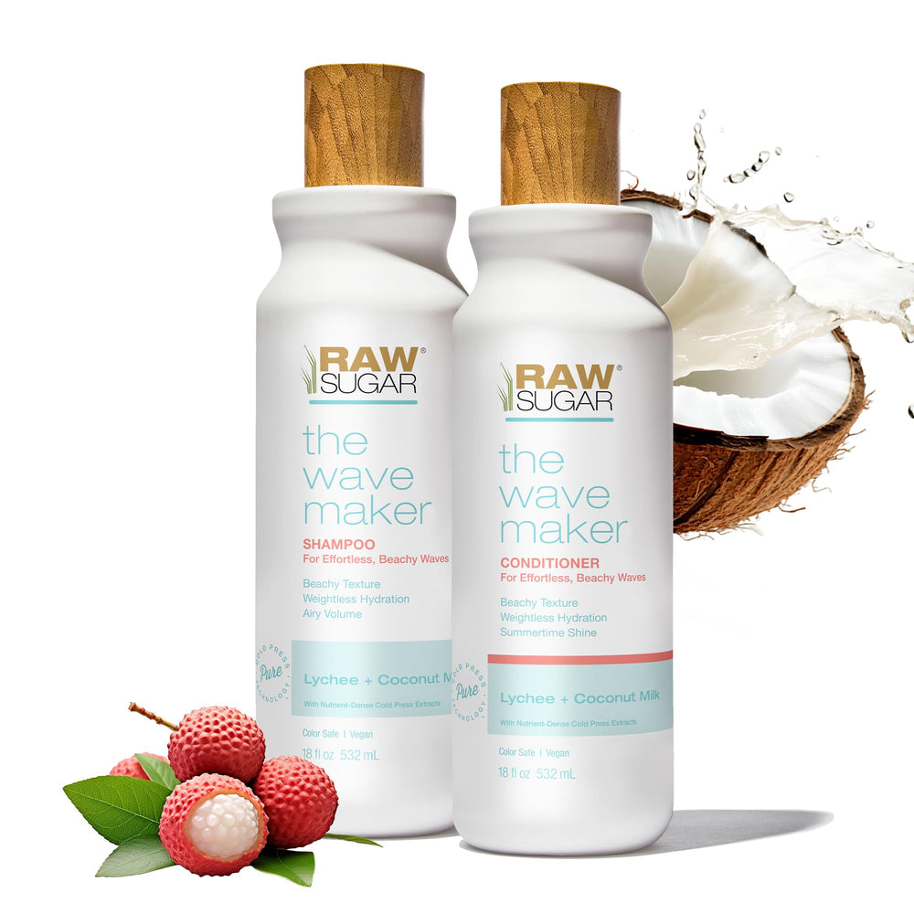 RAW SUGAR Wave Maker Shampoo bottle highlights easy cleansing for soft, beachy texture.