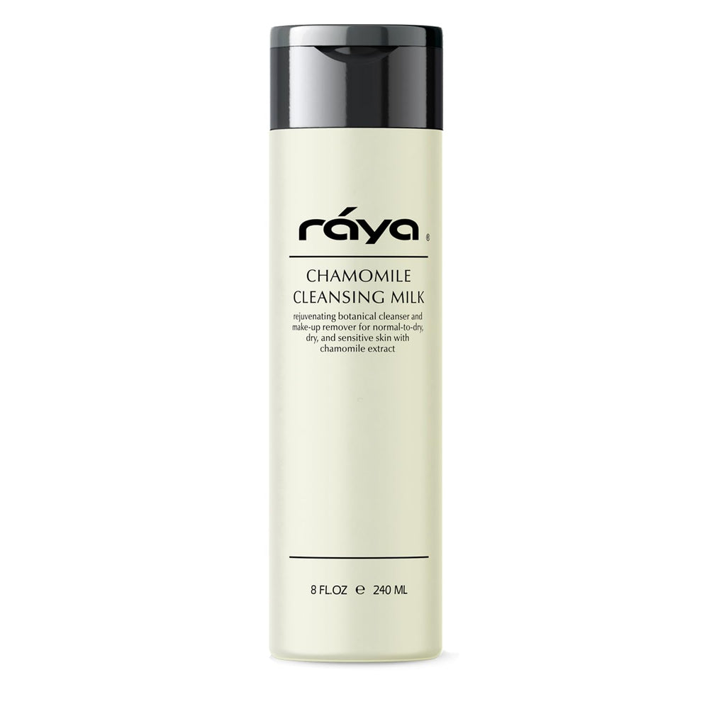 Raya Chamomile Facial Cleansing Milk bottle shows gentle cleansing for dry skin.