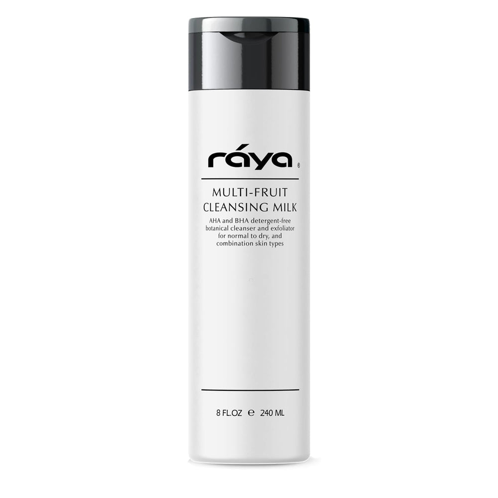 Raya multi-fruit cleansing milk bottle shows gentle makeup removal for all-day freshness.