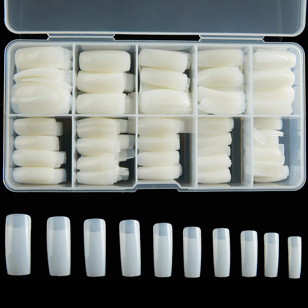RayanWay half-cover acrylic nail tips in natural color with organized case for quick selection.