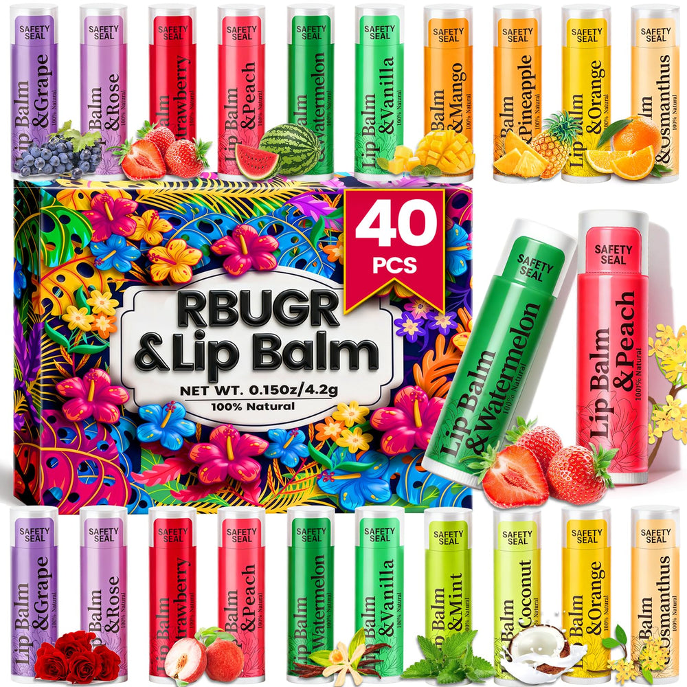 RBUGR 40-pack lip balm variety front display for moisturized lips