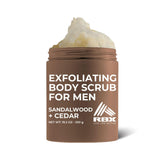 RBX Exfoliating Scrub Sea Salt Cedar bottle delivers refreshed, smoother skin.