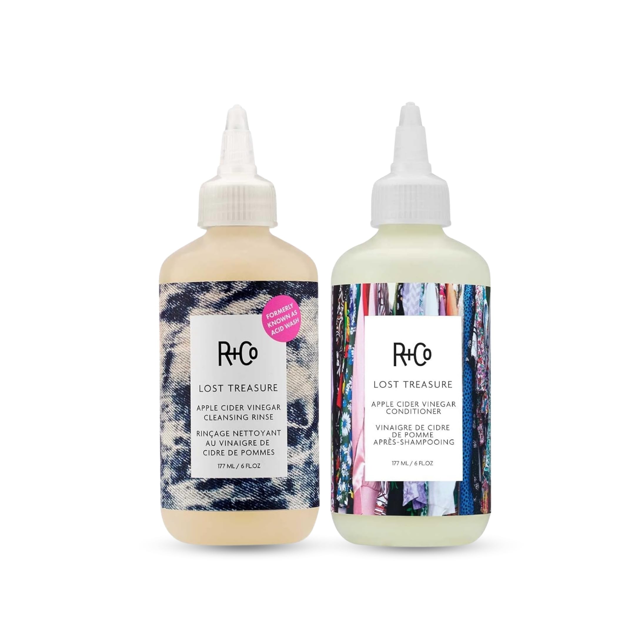 R+Co Lost Treasure ACV rinse bottle close up emphasizing shine potential.