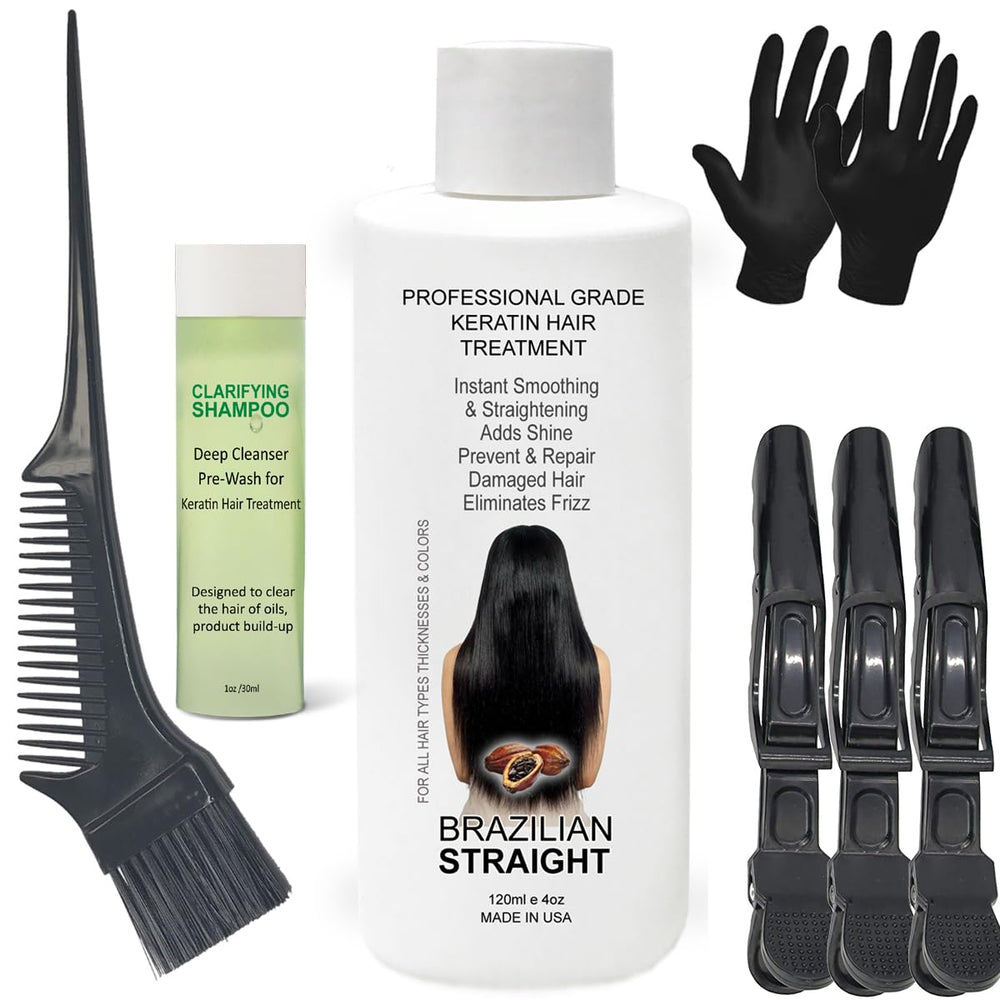 Real Brazilian Straight bottle applying keratin treatment for salon-like results.
