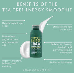 Real Raw Tea Tree Shampoo label detail featuring soothing, natural ingredients
