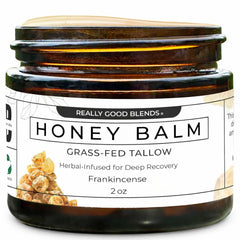 Really Good Blends Tallow Honey Balm packaging showcasing handmade USA craftsmanship.