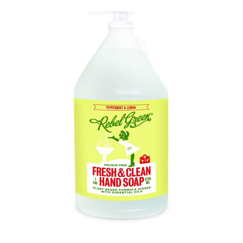 Rebel Green Fresh and Clean hand soap refill bottle pouring for daily cleansing