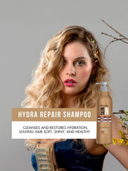 RECAMIER Hydra Repair Shampoo argan oil-drops illustrate nourished softness and shine.