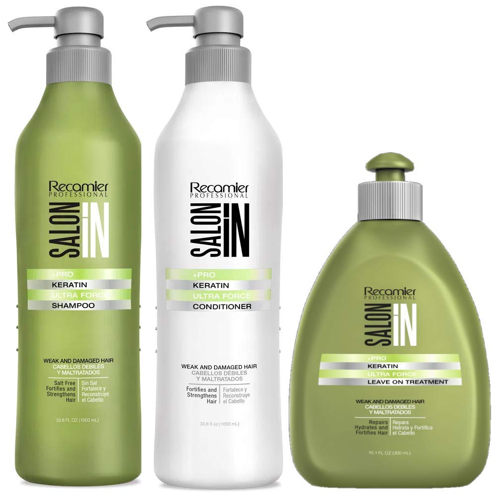 RECAMIER PROFESSIONAL SALON IN +Pro Keratin Ultra Force shampoo bottle close-up boosts hair strength.