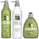 RECAMIER PROFESSIONAL SALON IN +Pro Keratin Ultra Force shampoo bottle close-up boosts hair strength.