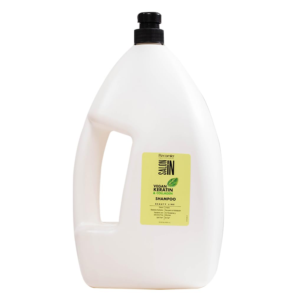 RECAMIER Vegan Keratin & Collagen Shampoo bottle front showing hydration and shine.