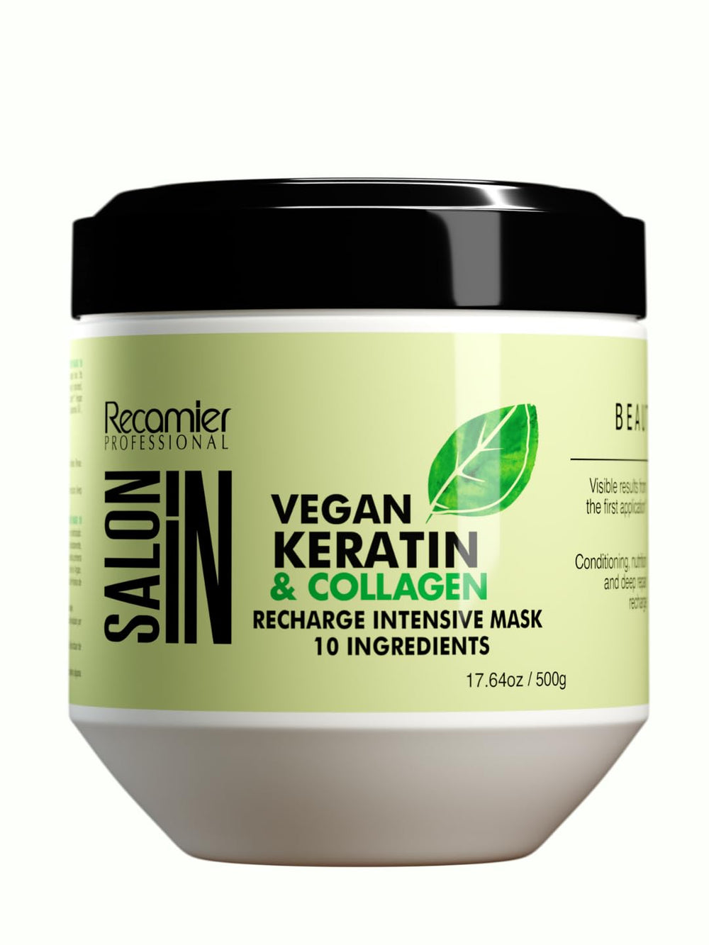 RECAMIER vegan keratin mask bottle shows hydration and strength for hair.