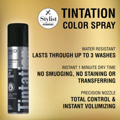 Red by Kiss Tintation Jet Black spray for seamless gray root touch-up at the hairline.