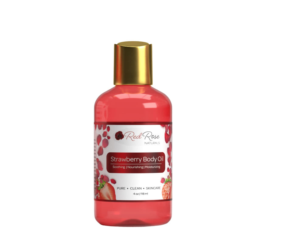 Red Rose Naturals Strawberry Body Oil bottle with fresh strawberries for hydration