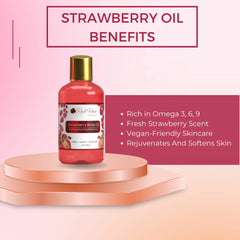 Red Rose Naturals Strawberry Body Oil bottle shows avocado and safflower oils for nourishment