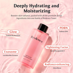 Redence Rice Bran Extract Toner bottle closeup highlights gentler feel and hydration.