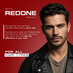 Redone Hair Wax Red jar label emphasizes strawberry scent and premium quality.