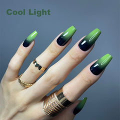 Redykat green ombre coffin nails top view highlighting dramatic length