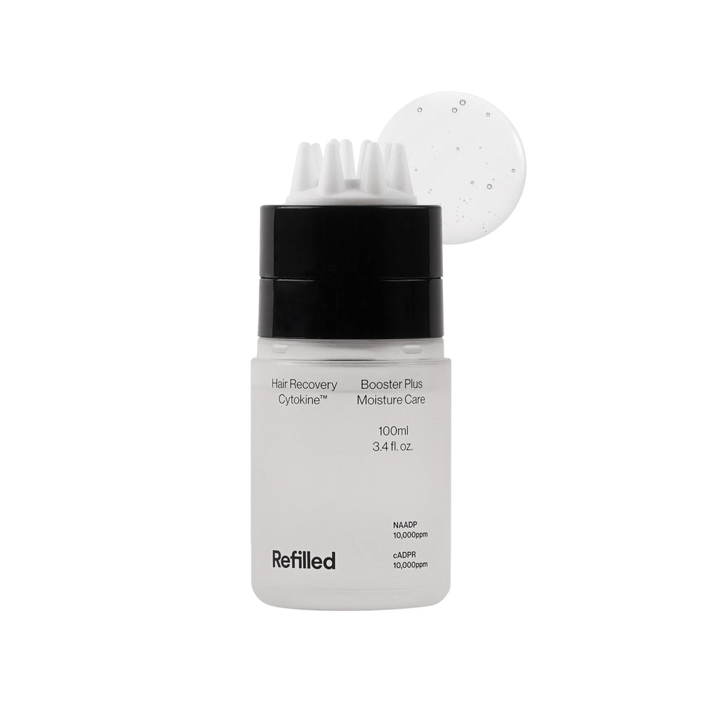 Refilled Booster Plus Moisture bottle pour for easy, mess-free scalp application.
