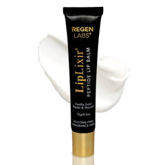 Regen Labs LipLixir balm tube close-up shows fragrance-free hydrating formula.
