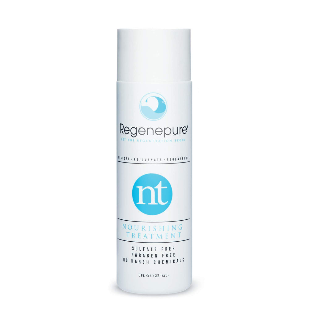 REGENEPURE NT bottle pour demonstrates premium cleansing for scalp refreshment.