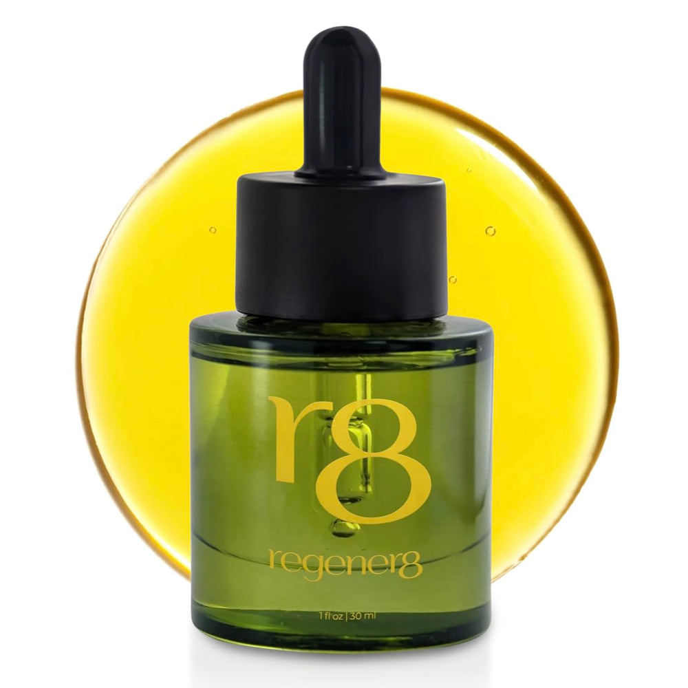 Regener8 hair oil bottle with dropper for quick scalp nourishment.