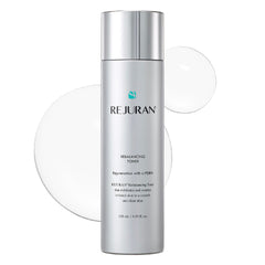REJURAN Rebalancing Toner bottle close-up showing hydration balance for a calmer complexion