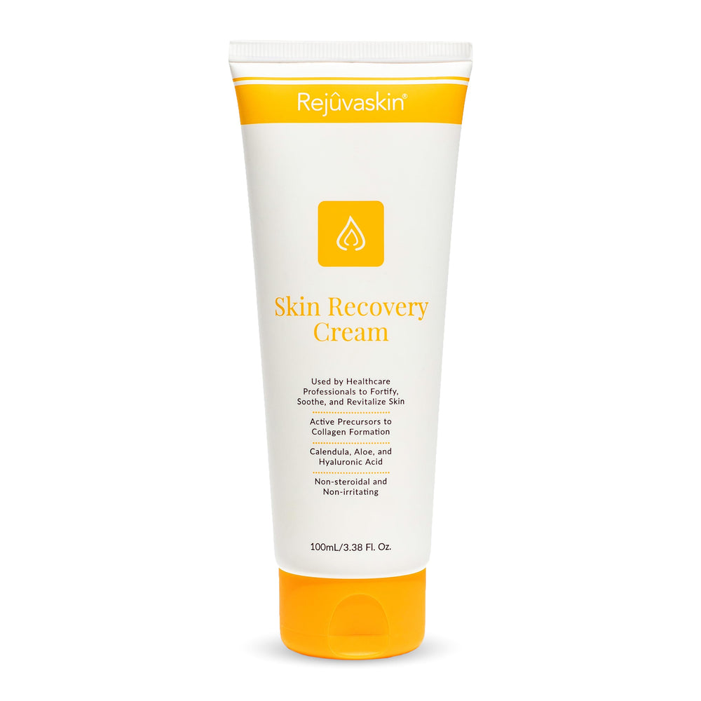 Rejuvaskin Skin Recovery Cream bottle close-up for soothing hydration