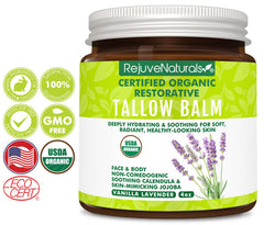 Label on RejuveNaturals beef tallow balm highlighting organic certification.