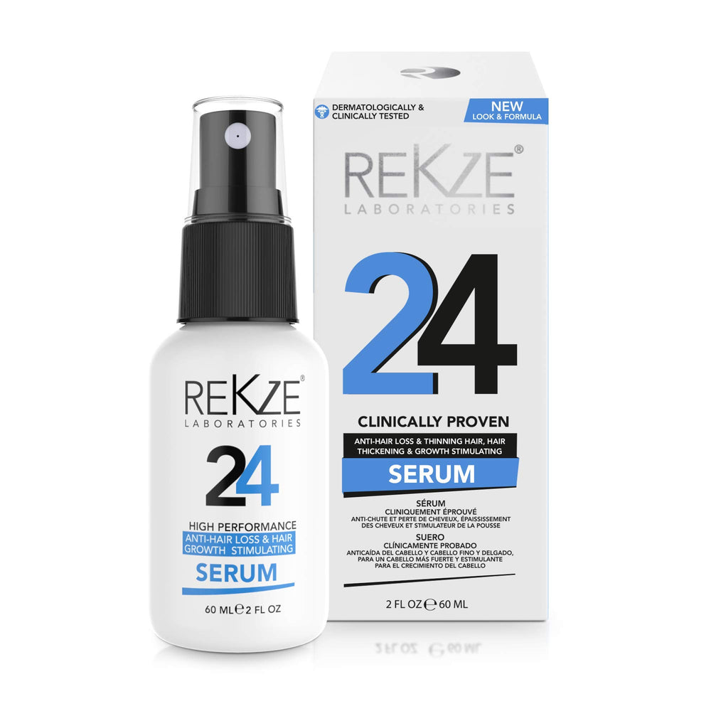 REKZE 24 Serum bottle close-up for scalp nourishment and denser-looking hair.