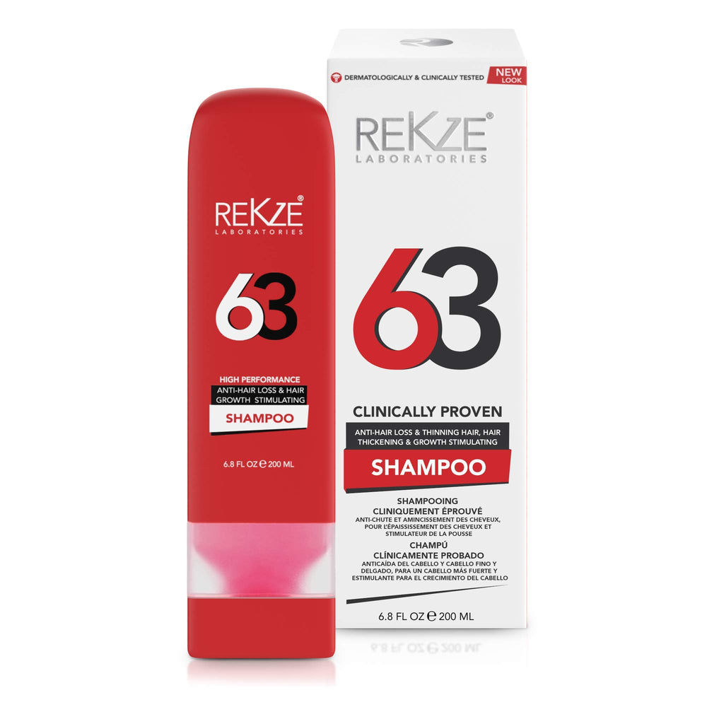 REKZE 63 hair-growth shampoo bottle front for stronger, fuller hair