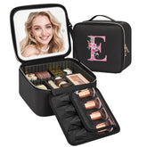 Relavel Initial Makeup Bag with LED Mirror front view showing organized interior