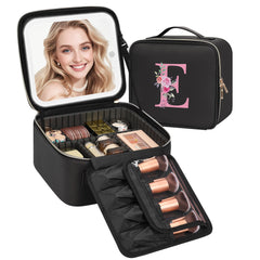 Relavel Initial Makeup Bag with LED Mirror front view showing organized interior