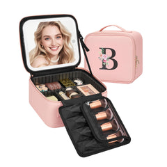 Relavel Initial Makeup Bag with LED Mirror front view shows personalized design for travel organization.