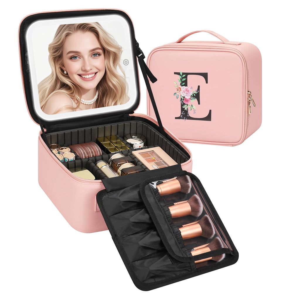 Relavel initial makeup bag with pink LED mirror for travel touch-ups.