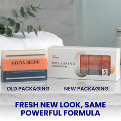 Rosehips infusion label on Relumins Glutablend bar highlights vitamin C nourishment.