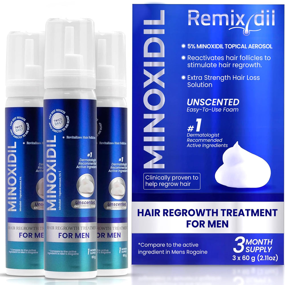 Remixidil Men’s 5% Minoxidil Foam bottle close-up for easy daily application and regrowth support