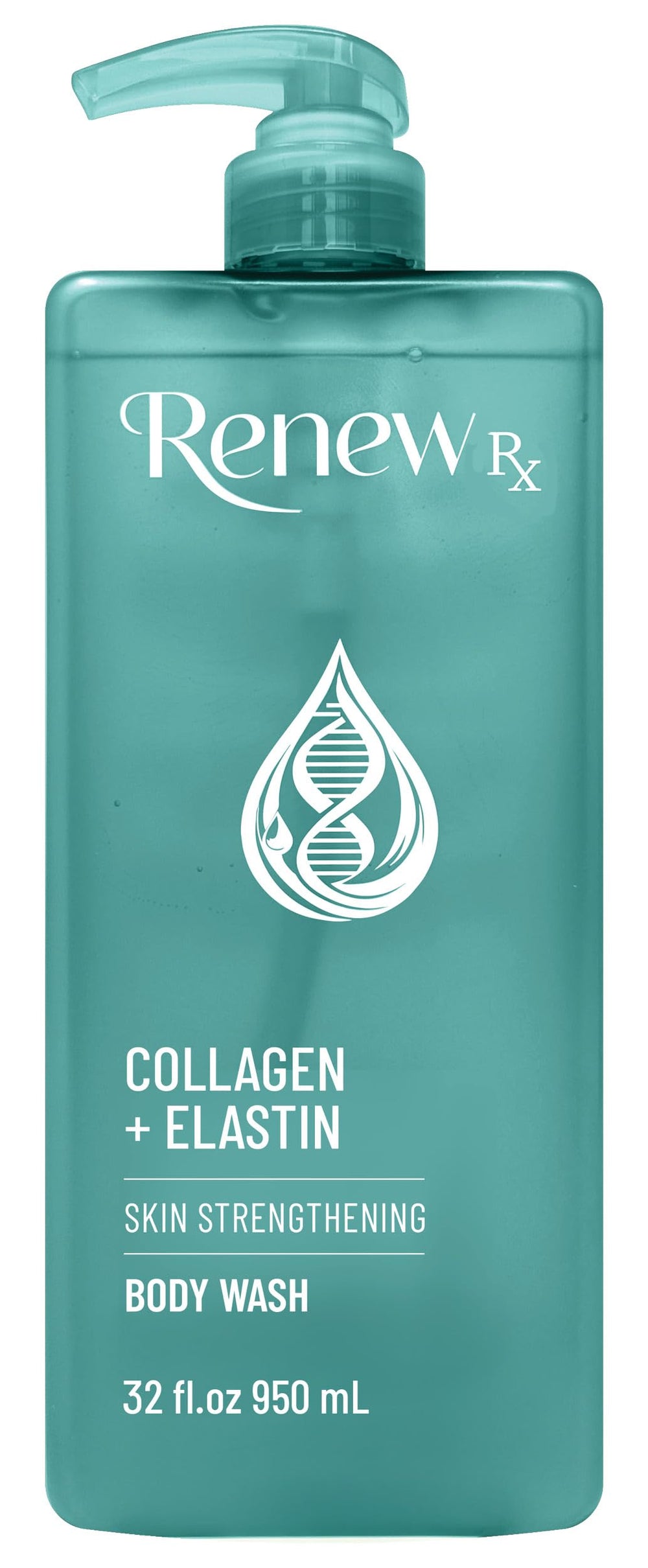 RENEW RX Collagen + Elastin Body Wash bottle pour highlights firming and hydration in daily shower