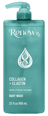 RENEW RX Collagen + Elastin Body Wash bottle pour highlights firming and hydration in daily shower