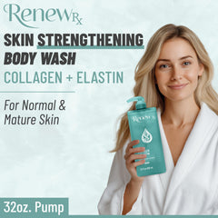 RENEW RX Collagen + Elastin Body Wash vegan label highlights cruelty-free ingredients for gentle cleansing