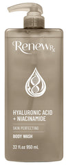 RENEW RX Hyaluronic Acid and Niacinamide Body Wash bottle highlights deep hydration for soft skin
